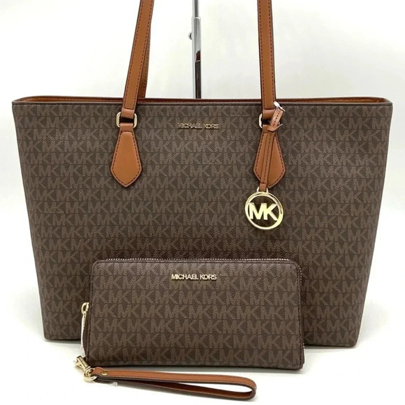 Michael Kors Bag Large Sheila Mf Tote & Continental Wallet Brown Signature NWT - Picture 1 of 15